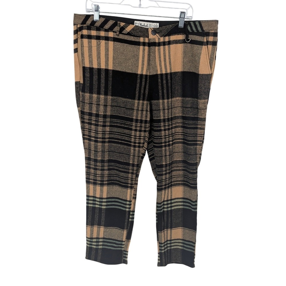 Woolrich Plaid Trousers Women 14 Brown Black Wool Straight Leg Ankle Flannel